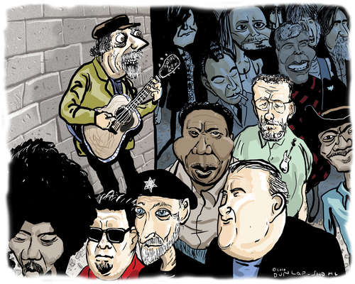 Cartoon: Busker Nightmare (medium) by Dunlap-Shohl tagged richard,thompson,muddy,waters,sister,rosetta,tharpe,cesar,rosas,david,hidalgo,jimi,hendrix,gatemouth,brown