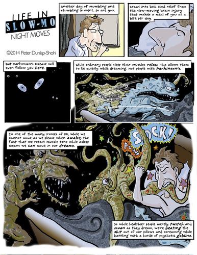 Cartoon: night moves (medium) by Dunlap-Shohl tagged parkinsons,disease,rem,sleep,disturbance,medical,graphics