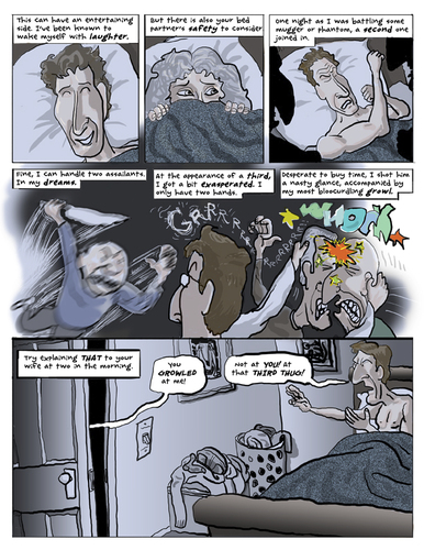 Cartoon: night moves (medium) by Dunlap-Shohl tagged parkinsons,disease,rem,sleep,disturbance,medical,graphics