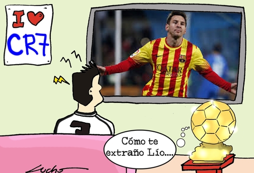 Cartoon: ronaldo Balon de oro y Messi (medium) by lucholuna tagged balondeoro,cristiano,ronaldo,messi