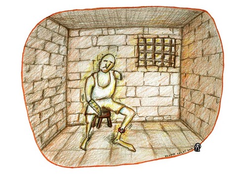 Cartoon: Jail (medium) by Osama Salti tagged jail,man,human,watch,time,leg,broken,cut,hand,arm,2010,prison