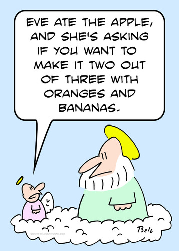 Cartoon: adam eve god oranges bananas (medium) by rmay tagged adam,eve,god,oranges,bananas