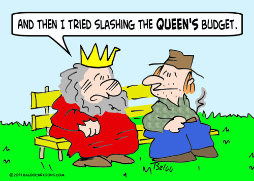 Cartoon: budget king slashing queen (medium) by rmay tagged budget,king,slashing,queen
