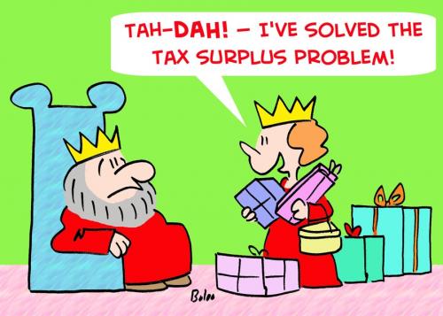 Cartoon: KING QUEEN TAX SURPLUS PROBLEM (medium) by rmay tagged king,queen,tax,surplus,problem