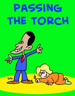 Cartoon: PASSING THE TORCH (medium) by rmay tagged passing,torch,hillary,clinton,barack,obama